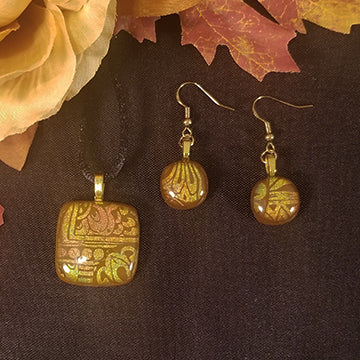 Pretty Dichroic Fused Glass Jewelry Gift Set Brown and Gold