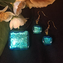 Load image into Gallery viewer, Dichroic Fused Glass Jewelry gift Set Blue green gold unisex present
