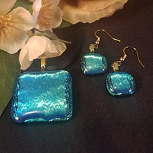 Load image into Gallery viewer, Dichroic Fused Glass Jewelry gift Set Blue green gold unisex present
