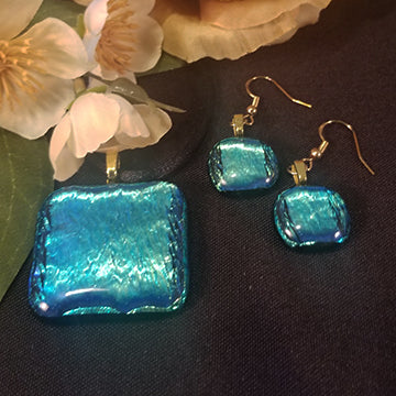 Dichroic Fused Glass Jewelry gift Set Blue green gold unisex present