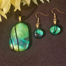Load image into Gallery viewer, Dichroic Fused Glass jewelry Set green/blue confetti , Gift, Unisex, Present, Bling