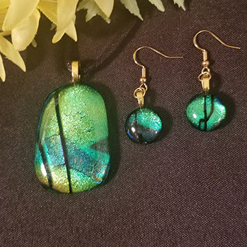 Dichroic Fused Glass jewelry Set green/blue confetti , Gift, Unisex, Present, Bling
