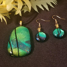 Load image into Gallery viewer, Dichroic Fused Glass jewelry Set green/blue confetti , Gift, Unisex, Present, Bling
