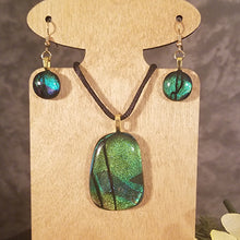 Load image into Gallery viewer, Dichroic Fused Glass jewelry Set green/blue confetti , Gift, Unisex, Present, Bling
