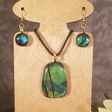 Load image into Gallery viewer, Dichroic Fused Glass jewelry Set green/blue confetti , Gift, Unisex, Present, Bling