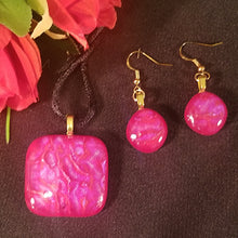 Load image into Gallery viewer, Dichroic Fused Glass Jewelry Set Pendant Earrings Red Gift Sparkle
