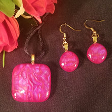 Load image into Gallery viewer, Dichroic Fused Glass Jewelry Set Pendant Earrings Red Gift Sparkle