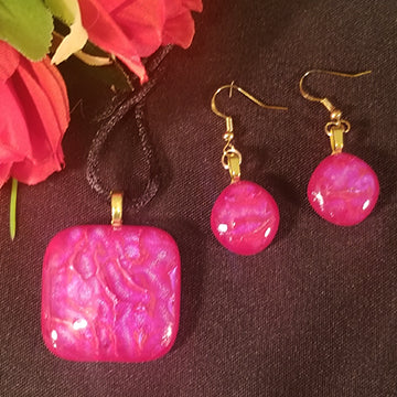 Dichroic Fused Glass Jewelry Set Pendant Earrings Red Gift Sparkle