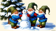 Load image into Gallery viewer, Gnomes in blue building snowmen 4 pngs digital download