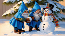Load image into Gallery viewer, Gnomes in blue building snowmen 4 pngs digital download