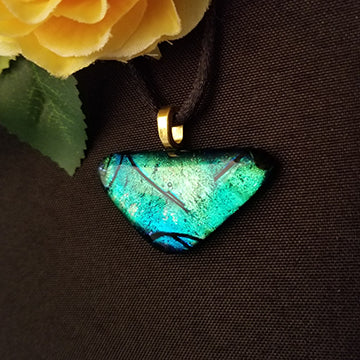 Sparkly Dichroic fused glass triangular pendant, necklace green blue gold