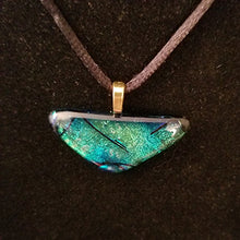 Load image into Gallery viewer, Sparkly Dichroic fused glass triangular pendant, necklace green blue gold
