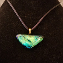 Load image into Gallery viewer, Sparkly Dichroic fused glass triangular pendant, necklace green blue gold
