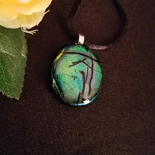 Load image into Gallery viewer, Dichroic fused glass jewelry necklace gift, present, green and blue
