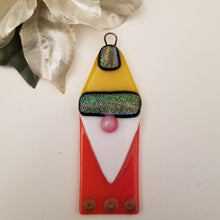 Load image into Gallery viewer, Charming gnome fused glass ornament dichroic glass rainbow yellow orange #decoration #treeornament #winter #gnome #gonk
