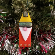 Load image into Gallery viewer, Charming gnome fused glass ornament dichroic glass rainbow yellow orange #decoration #treeornament #winter #gnome #gonk