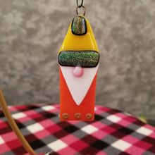 Load image into Gallery viewer, Charming gnome fused glass ornament dichroic glass rainbow yellow orange #decoration #treeornament #winter #gnome #gonk