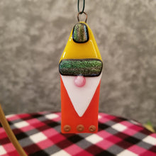 Load image into Gallery viewer, Charming gnome fused glass ornament dichroic glass rainbow yellow orange #decoration #treeornament #winter #gnome #gonk