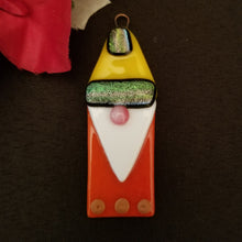 Load image into Gallery viewer, Charming gnome fused glass ornament dichroic glass rainbow yellow orange #decoration #treeornament #winter #gnome #gonk