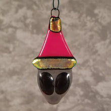 Load image into Gallery viewer, Fused Glass Gray Alien Ornament in a Santa hat red gold