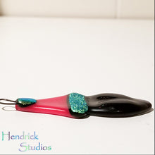 Load image into Gallery viewer, Fused glass Alien in a Santa hat ornament red green holiday bauble