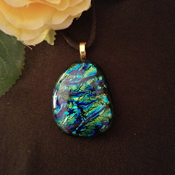 Sparkly Dichroic fused glass necklace blue green gold pendant gift