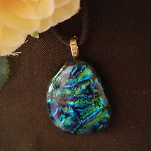 Load image into Gallery viewer, Sparkly Dichroic fused glass necklace blue green gold pendant gift