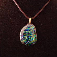 Load image into Gallery viewer, Sparkly Dichroic fused glass necklace blue green gold pendant gift