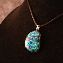 Load image into Gallery viewer, Sparkly Dichroic fused glass necklace blue green gold pendant gift
