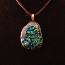 Load image into Gallery viewer, Sparkly Dichroic fused glass necklace blue green gold pendant gift