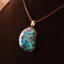 Load image into Gallery viewer, Sparkly Dichroic fused glass necklace blue green gold pendant gift
