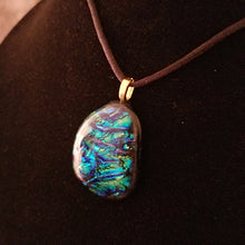 Load image into Gallery viewer, Sparkly Dichroic fused glass necklace blue green gold pendant gift