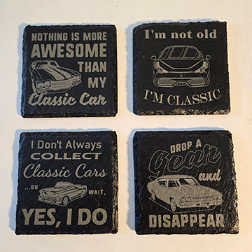 Classic car coasters, set of 4 snarky car sayings, funny quotes, laser engraved slate coasters set#3
