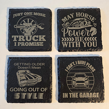 Funny, car themed, laser engraved, slate coasters  set of 4 classic trucks, car enthusiast gift set#4