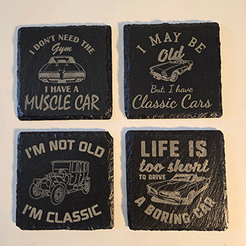 Snarky car themed laser engraved slate coaster set of 4, funny classic car phrases set#5