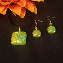 Load image into Gallery viewer, Dazzling Dichroic Glass Jewelry, Bling, Gold, Green Handmade Pendant Earrings sparkle, gift, jewelry set
