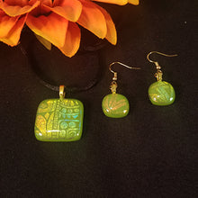 Load image into Gallery viewer, Dazzling Dichroic Glass Jewelry, Bling, Gold, Green Handmade Pendant Earrings sparkle, gift, jewelry set