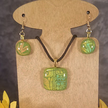 Load image into Gallery viewer, Dazzling Dichroic Glass Jewelry, Bling, Gold, Green Handmade Pendant Earrings sparkle, gift, jewelry set
