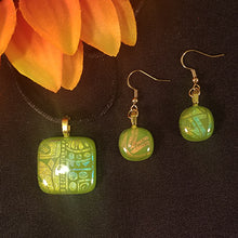 Load image into Gallery viewer, Dazzling Dichroic Glass Jewelry, Bling, Gold, Green Handmade Pendant Earrings sparkle, gift, jewelry set