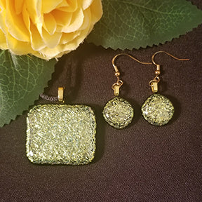Sparkly Gold/Green Dichroic Fused Glass Jewelry Set Gift