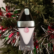 Load image into Gallery viewer, Charming gnome fused glass ornament dichroic glass silver blue grey black #bauble #treeornament #winter #gnome #gonk