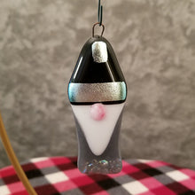 Load image into Gallery viewer, Charming gnome fused glass ornament dichroic glass silver blue grey black #bauble #treeornament #winter #gnome #gonk
