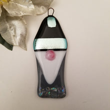 Load image into Gallery viewer, Charming gnome fused glass ornament dichroic glass silver blue grey black #bauble #treeornament #winter #gnome #gonk