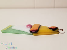Load image into Gallery viewer, Cute gnome fused glass ornament dichroic glass green yellow gonk