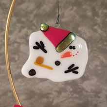 Load image into Gallery viewer, Adorable Vegas Melted snowman ornament red hat, fused glass, bauble quirky