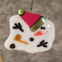 Load image into Gallery viewer, Adorable Vegas Melted snowman ornament red hat, fused glass, bauble quirky