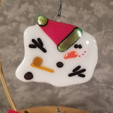 Load image into Gallery viewer, Adorable Vegas Melted snowman ornament red hat, fused glass, bauble quirky
