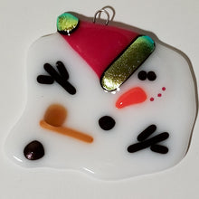 Load image into Gallery viewer, Adorable Vegas Melted snowman ornament red hat, fused glass, bauble quirky