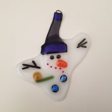 Load image into Gallery viewer, Fused glass melted snowman ornament purple hat holiday bauble, snowman