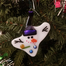 Load image into Gallery viewer, Fused glass melted snowman ornament purple hat holiday bauble, snowman